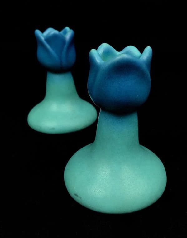 Van Briggle American Art Pottery Candle Stick Vase Pair Blue - 20th Century